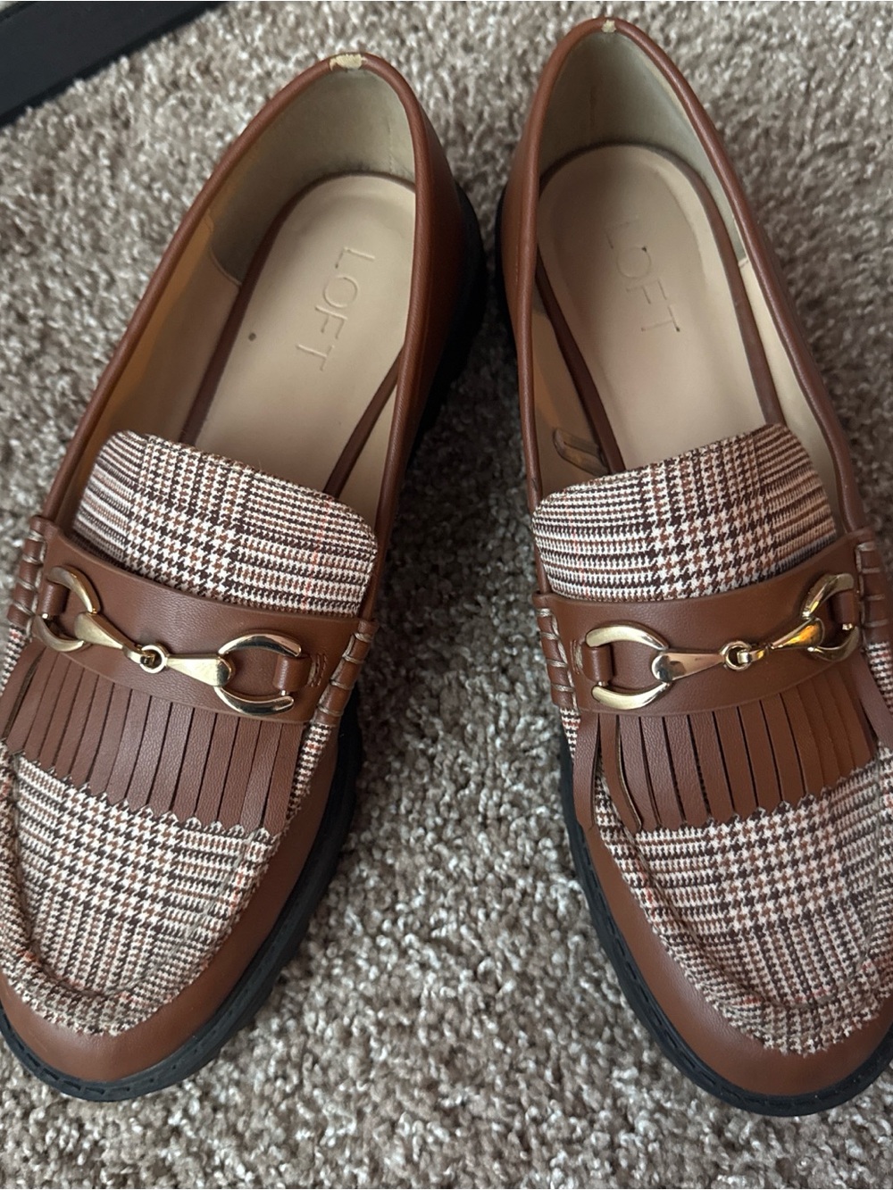LOFT Women’s Brown Leather & Plaid Fringe Loafers